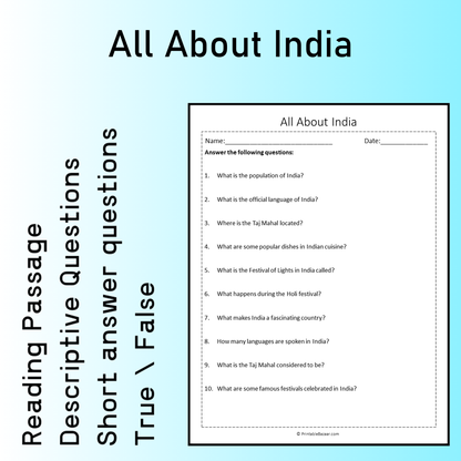 All About India | Reading Comprehension Passage Printable Worksheet