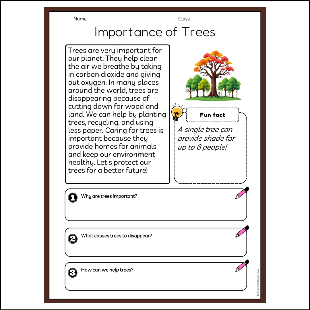 Importance of Trees | Reading Passage Comprehension Questions Writing Facts Worksheet