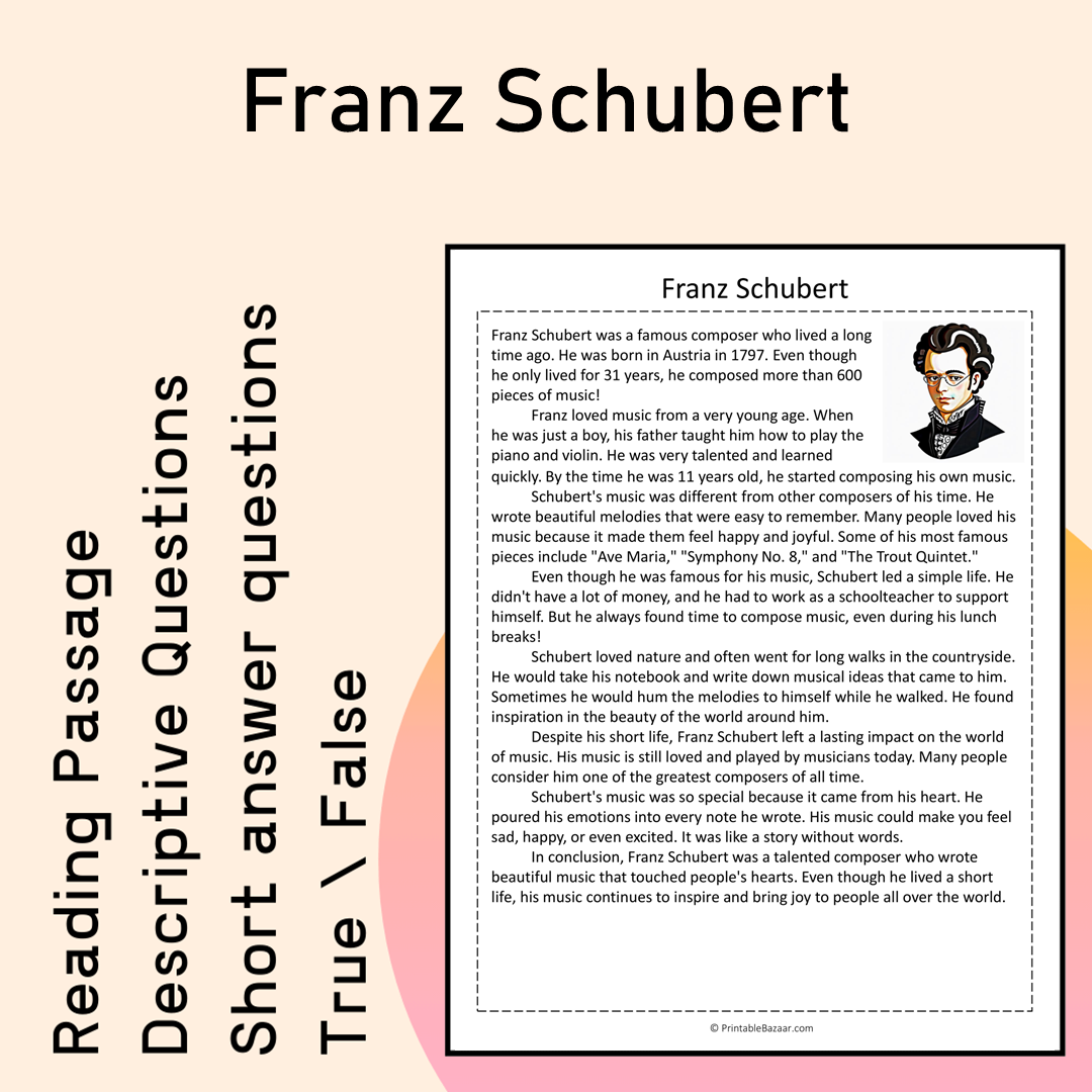 Franz Schubert | Reading Comprehension Passage Printable Activity