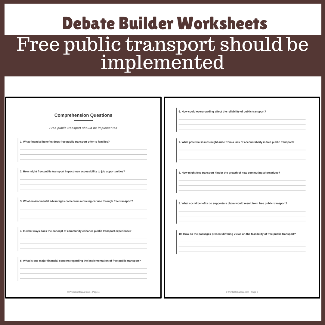 Free public transport should be implemented | Favour and Against Worksheet Printable Activity