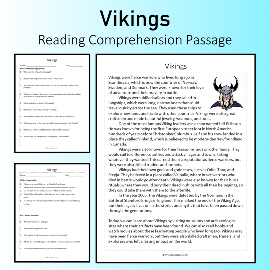Vikings | Reading Comprehension Passage Printable Worksheet