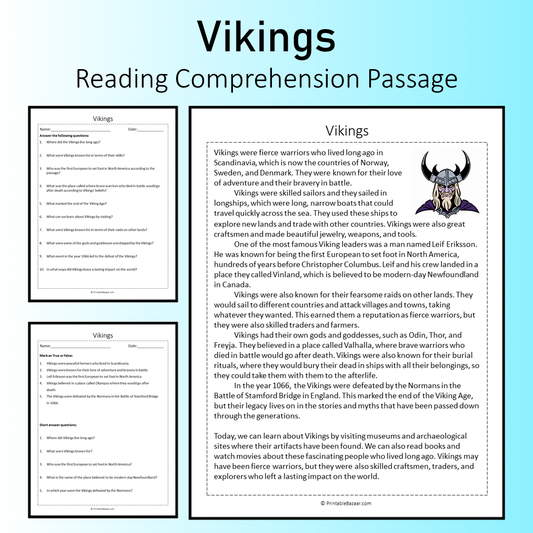 Vikings | Reading Comprehension Passage Printable Worksheet