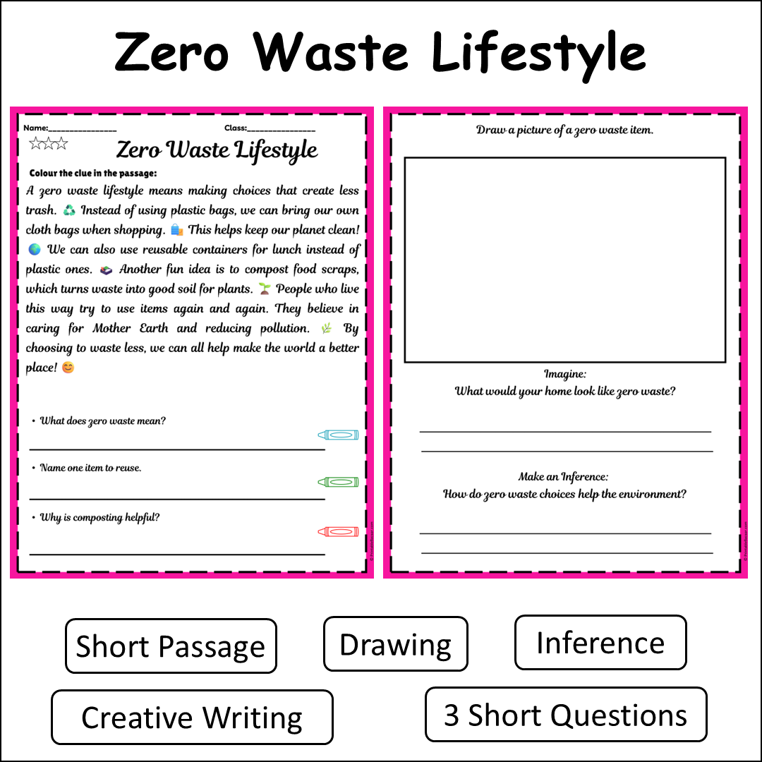 Zero Waste Lifestyle | Short Reading Comprehension Creative Worksheet