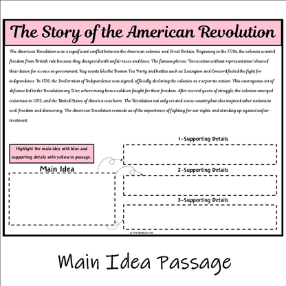 The Story of the American Revolution | Main Idea and Supporting Details Reading Passage and Questions