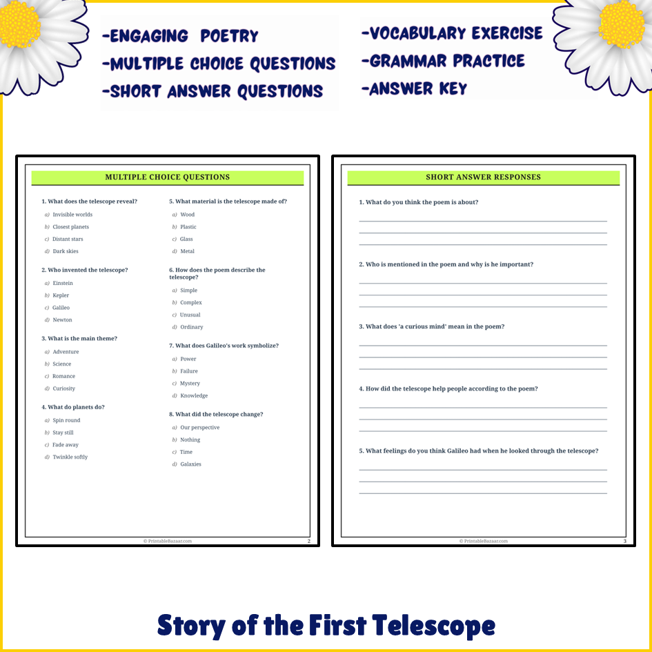 Story of the First Telescope | Poem Grammar Worksheet Printable Activity