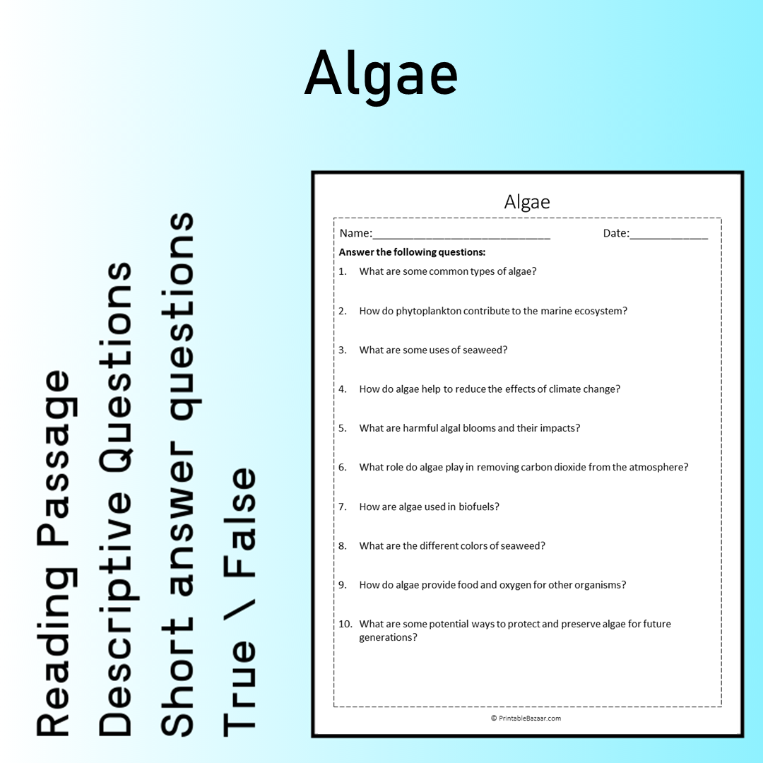 Algae | Reading Comprehension Passage Printable Worksheet