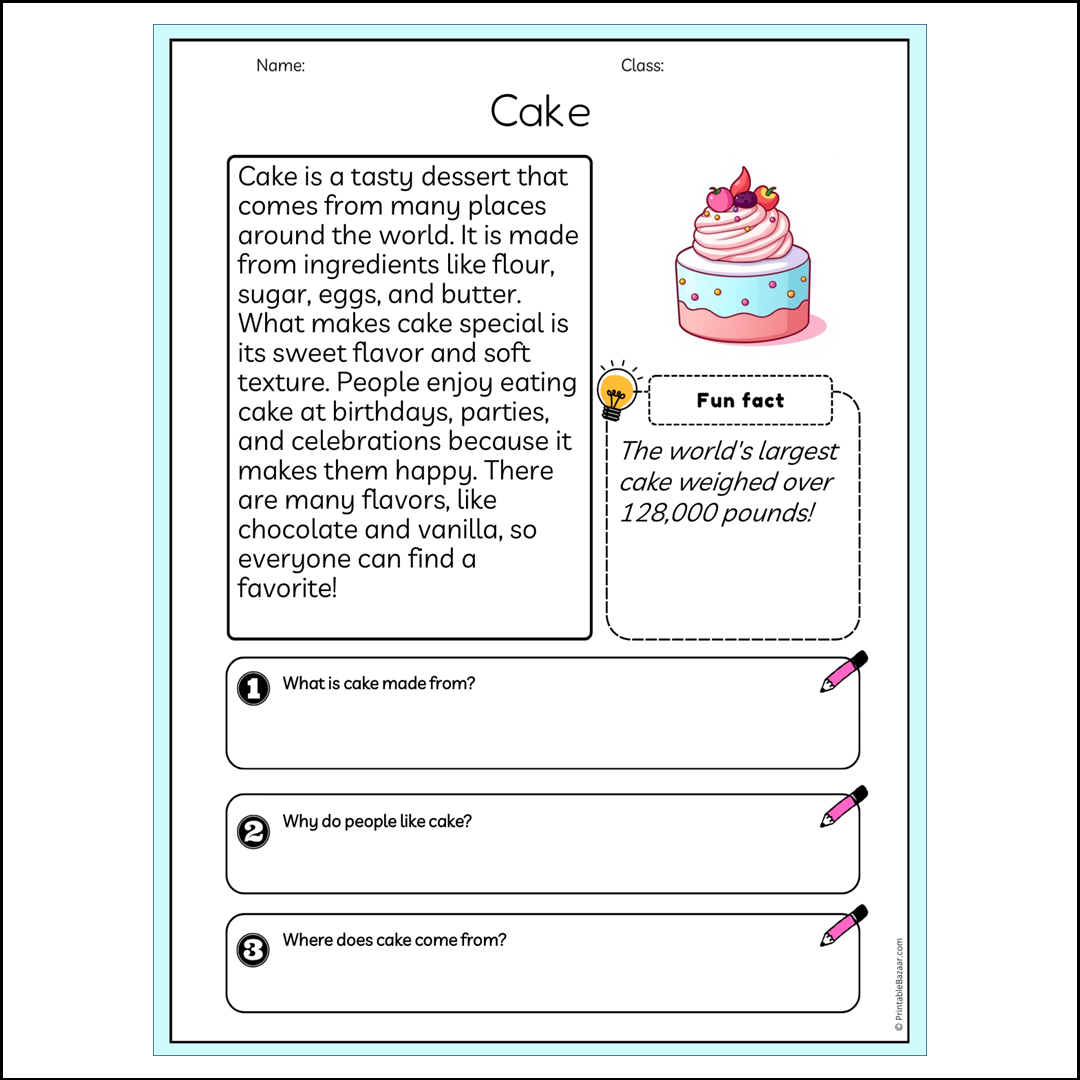 Cake | Reading Passage Comprehension Questions Writing Facts Worksheet