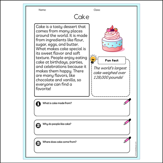 Cake | Reading Passage Comprehension Questions Writing Facts Worksheet