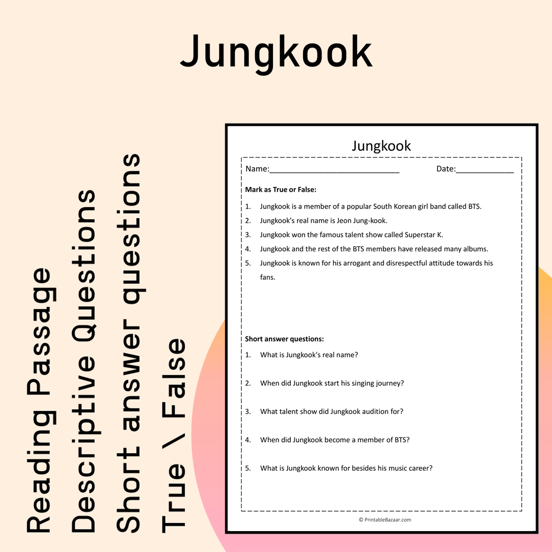 Jungkook | Reading Comprehension Passage Printable Activity