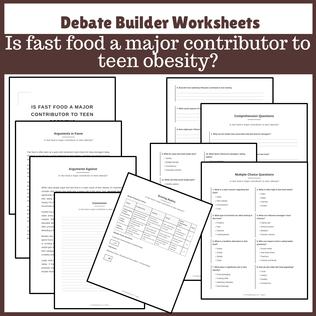 Is fast food a major contributor to teen obesity? | Favour and Against Worksheet Printable Activity