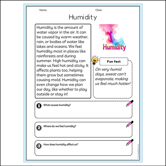 Humidity | Reading Passage Comprehension Questions Writing Facts Worksheet