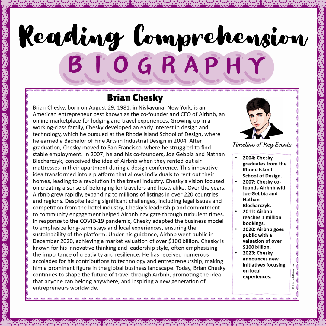 Brian Chesky | Biography Reading Comprehension and Questions Worksheet