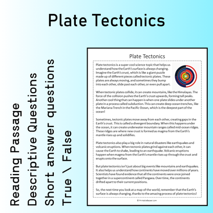 Plate Tectonics | Reading Comprehension Passage Printable Worksheet