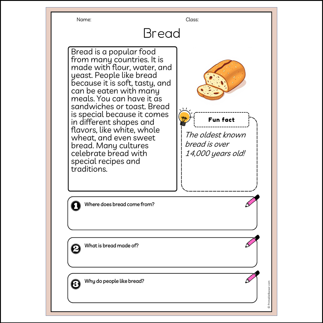 Bread | Reading Passage Comprehension Questions Writing Facts Worksheet