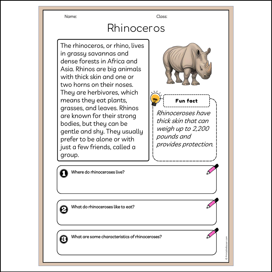 Rhinoceros | Reading Passage Comprehension Questions Writing Facts Worksheet