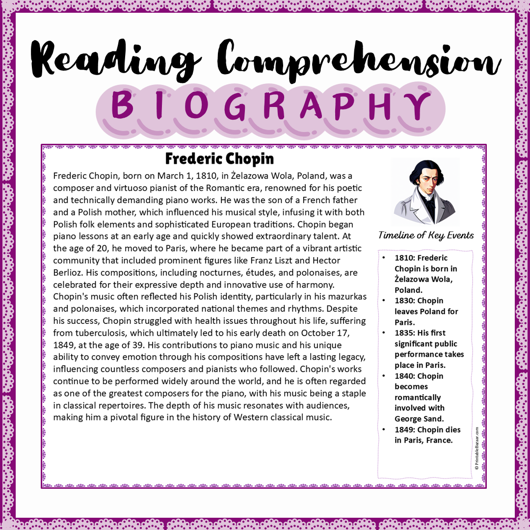 Frederic Chopin | Biography Reading Comprehension and Questions Worksheet