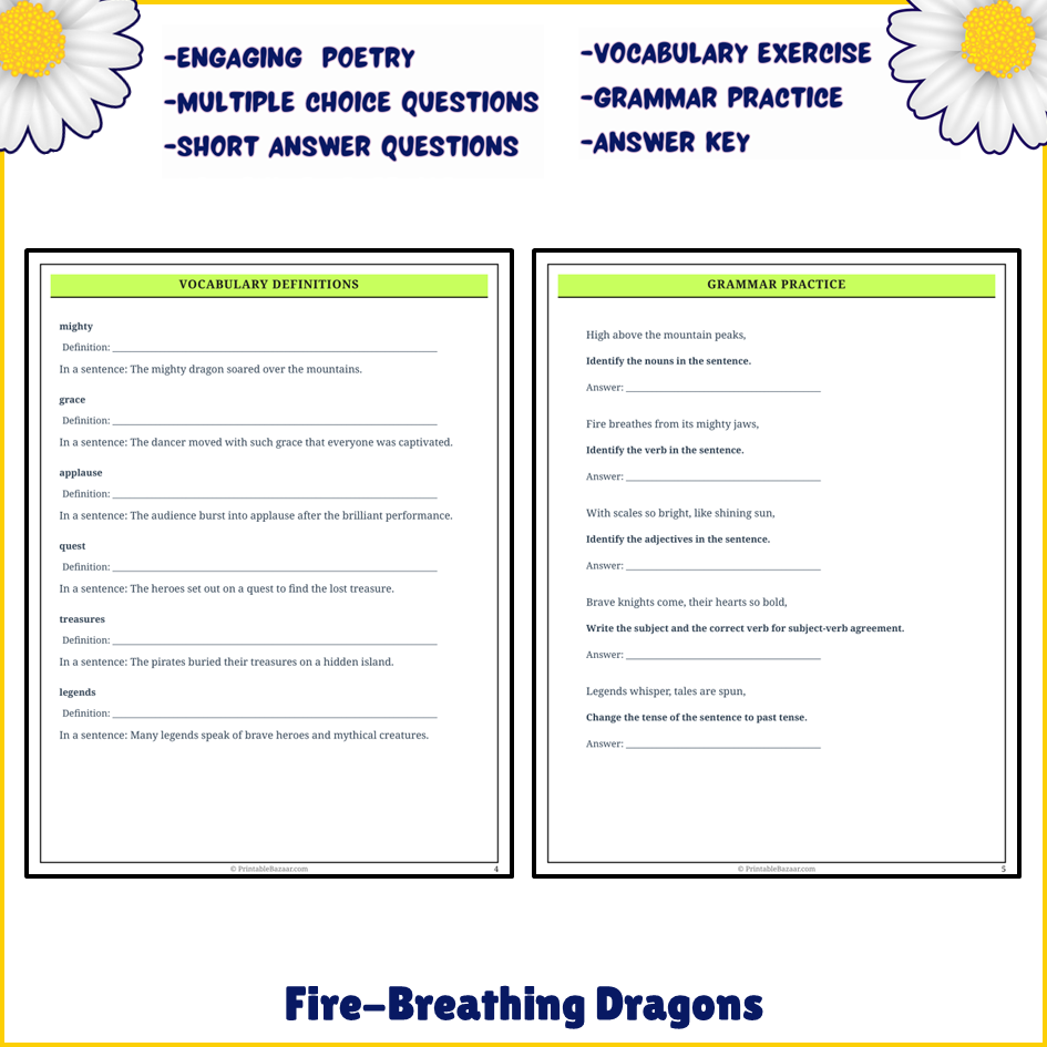 Fire-Breathing Dragons | Poem Grammar Worksheet Printable Activity