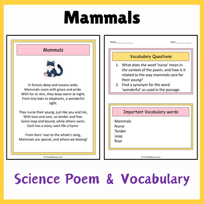 Mammals | Science Poem Reading Comprehension Activity