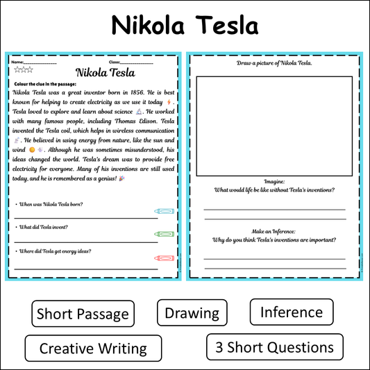 Nikola Tesla | Short Reading Comprehension Creative Worksheet
