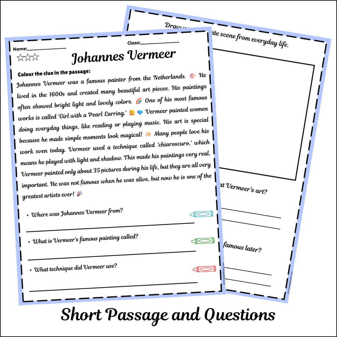 Johannes Vermeer | Short Reading Comprehension Creative Worksheet
