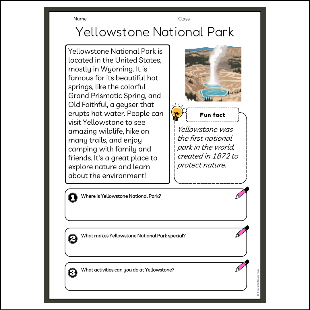 Yellowstone National Park | Reading Passage Comprehension Questions Writing Facts Worksheet