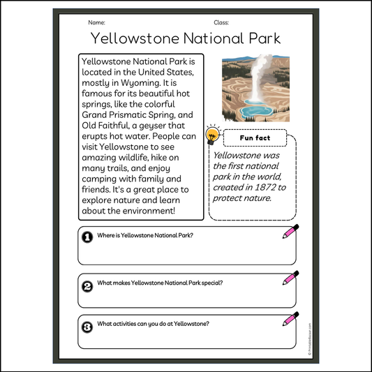 Yellowstone National Park | Reading Passage Comprehension Questions Writing Facts Worksheet