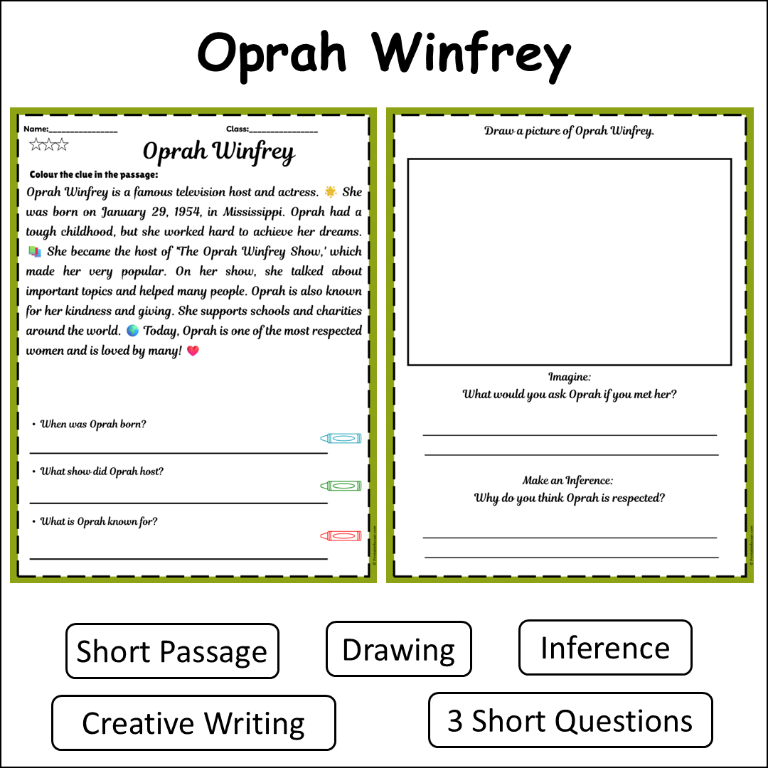 Oprah Winfrey | Short Reading Comprehension Creative Worksheet