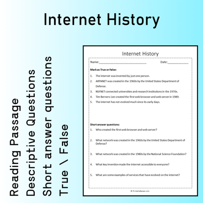 Internet History | Reading Comprehension Passage Printable Worksheet