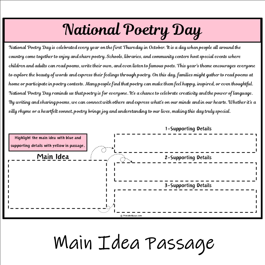 National Poetry Day | Main Idea and Supporting Details Reading Passage and Questions