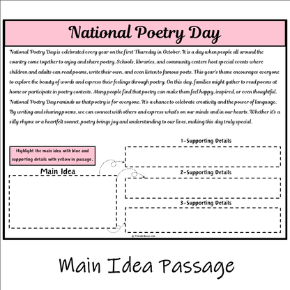 National Poetry Day | Main Idea and Supporting Details Reading Passage and Questions