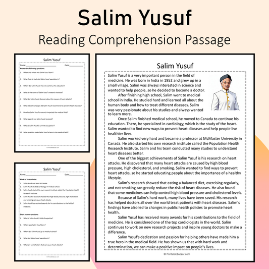 Salim Yusuf | Reading Comprehension Passage Printable Activity