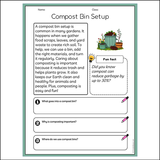 Compost Bin Setup | Reading Passage Comprehension Questions Writing Facts Worksheet