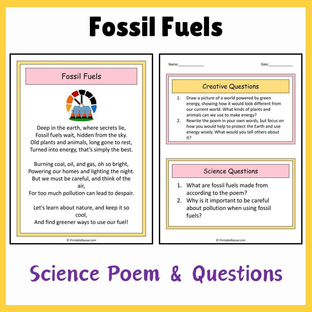 Fossil Fuels | Science Poem Reading Comprehension Activity