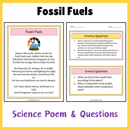 Fossil Fuels | Science Poem Reading Comprehension Activity