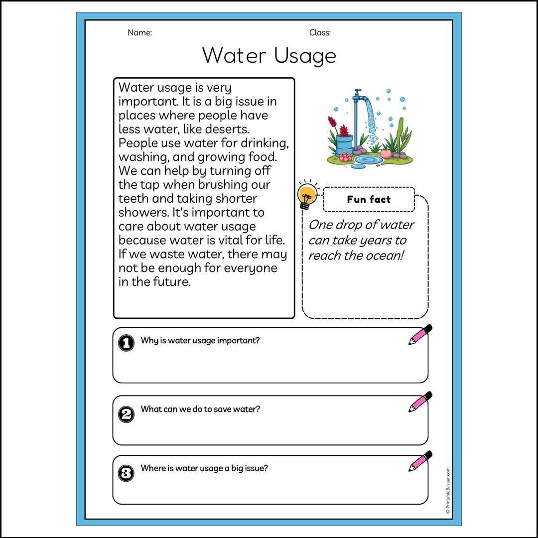 Water Usage | Reading Passage Comprehension Questions Writing Facts Worksheet