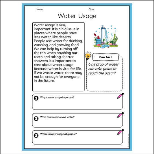 Water Usage | Reading Passage Comprehension Questions Writing Facts Worksheet