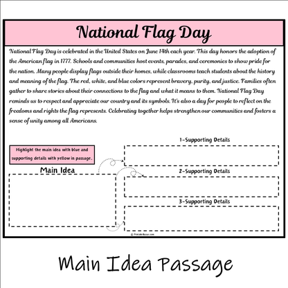 National Flag Day | Main Idea and Supporting Details Reading Passage and Questions