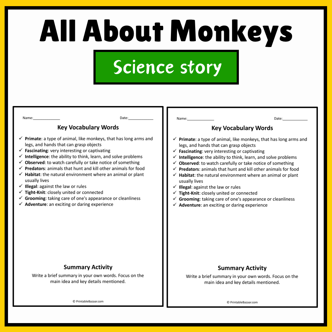 All About Monkeys | Science Story Reading Comprehension Activity