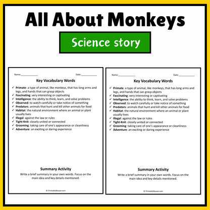 All About Monkeys | Science Story Reading Comprehension Activity