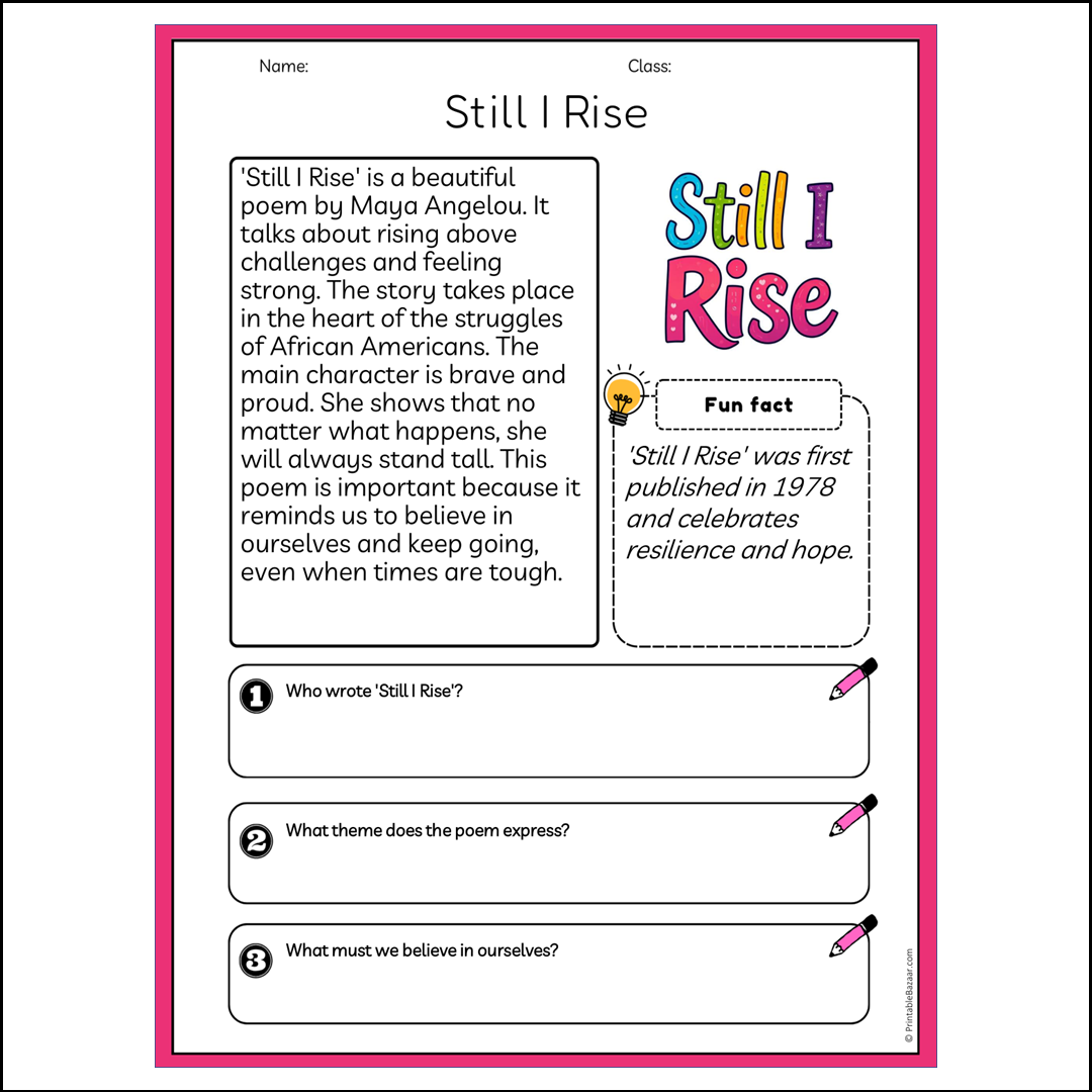 Still I Rise | Reading Passage Comprehension Questions Writing Facts Worksheet