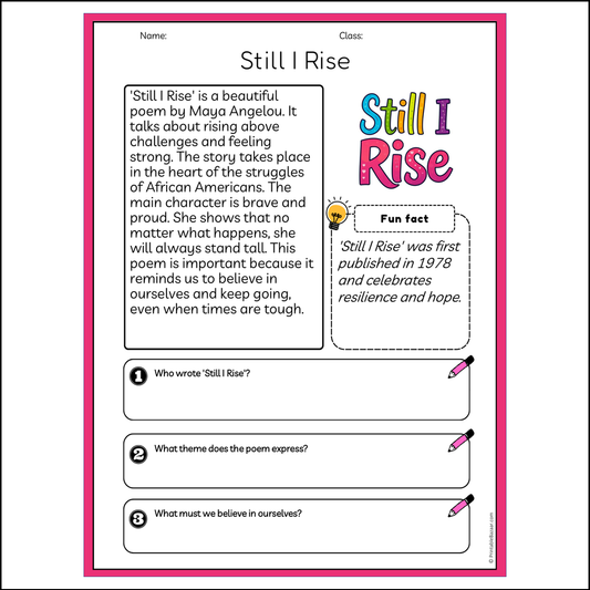 Still I Rise | Reading Passage Comprehension Questions Writing Facts Worksheet