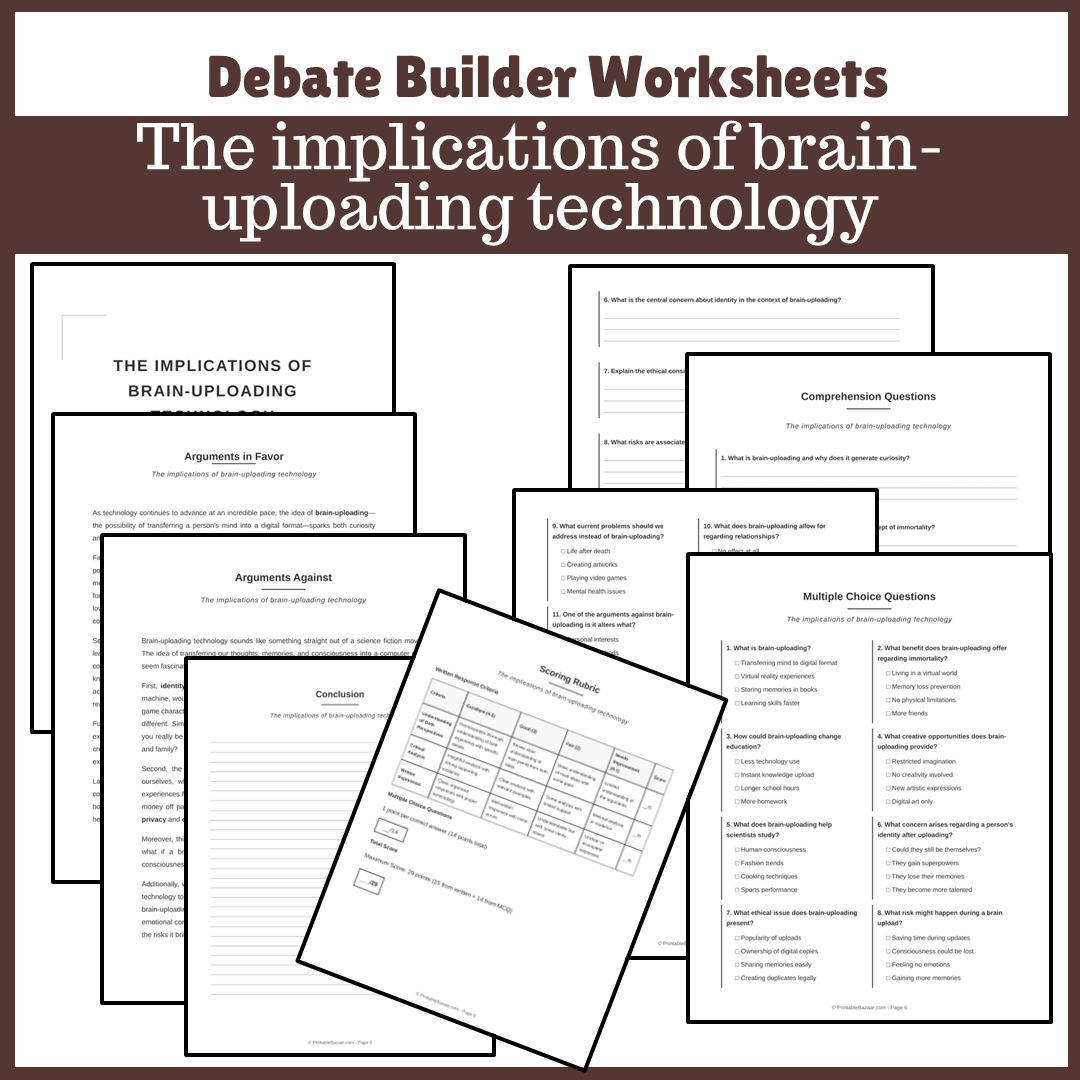 The implications of brain-uploading technology | Favour and Against Worksheet Printable Activity