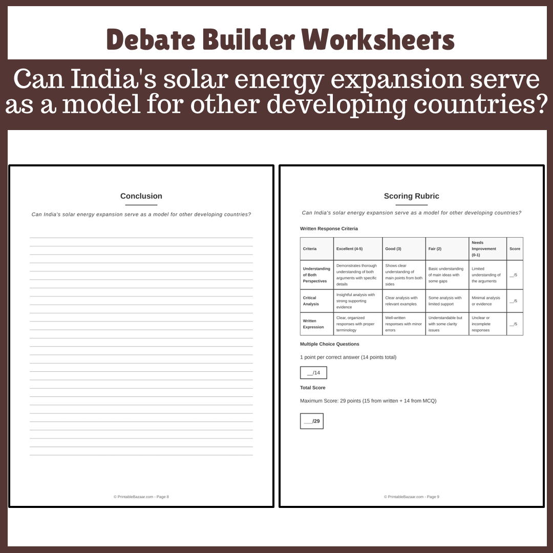 Can India's solar energy expansion serve as a model for other developing countries? | Favour and Against Worksheet Printable Activity
