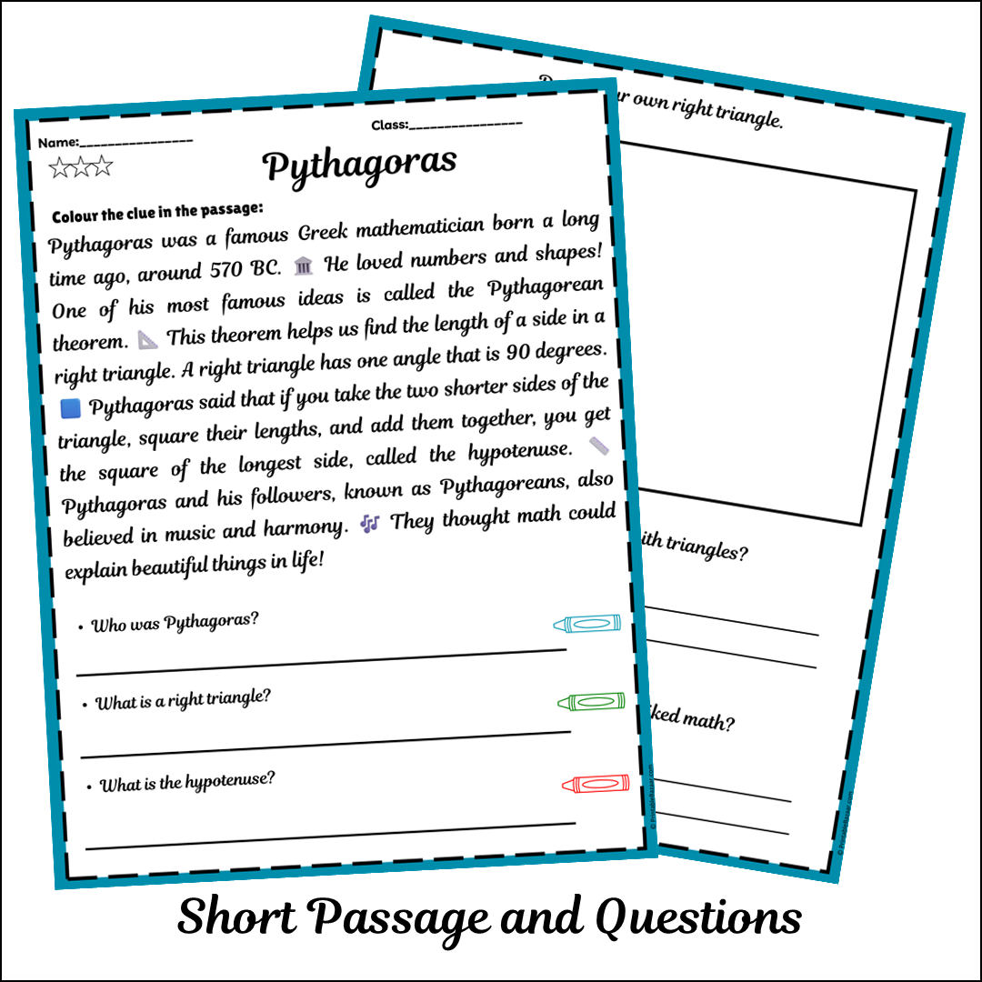 Pythagoras | Short Reading Comprehension Creative Worksheet