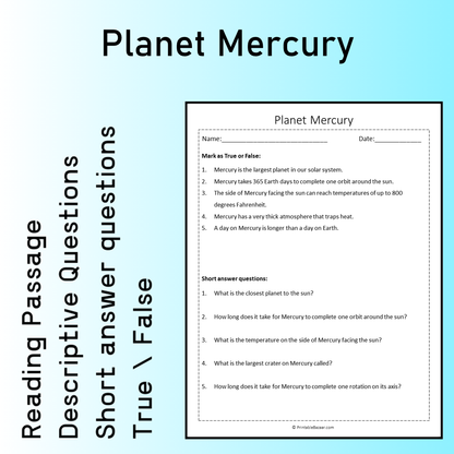 Planet Mercury | Reading Comprehension Passage Printable Worksheet