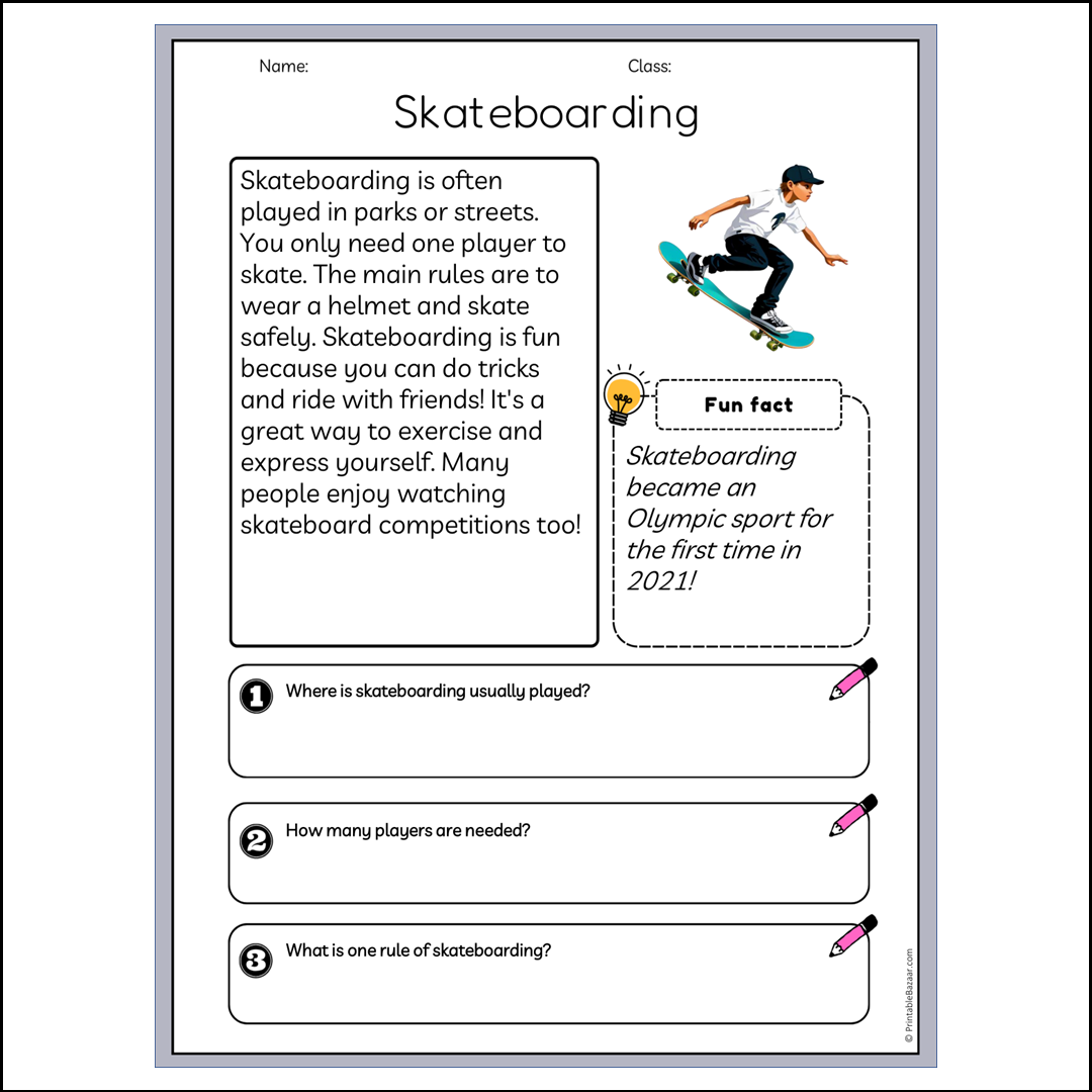 Skateboarding | Reading Passage Comprehension Questions Writing Facts Worksheet