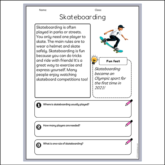 Skateboarding | Reading Passage Comprehension Questions Writing Facts Worksheet