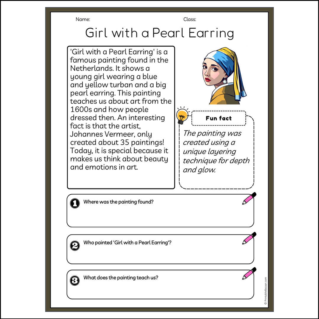 Girl with a Pearl Earring | Reading Passage Comprehension Questions Writing Facts Worksheet