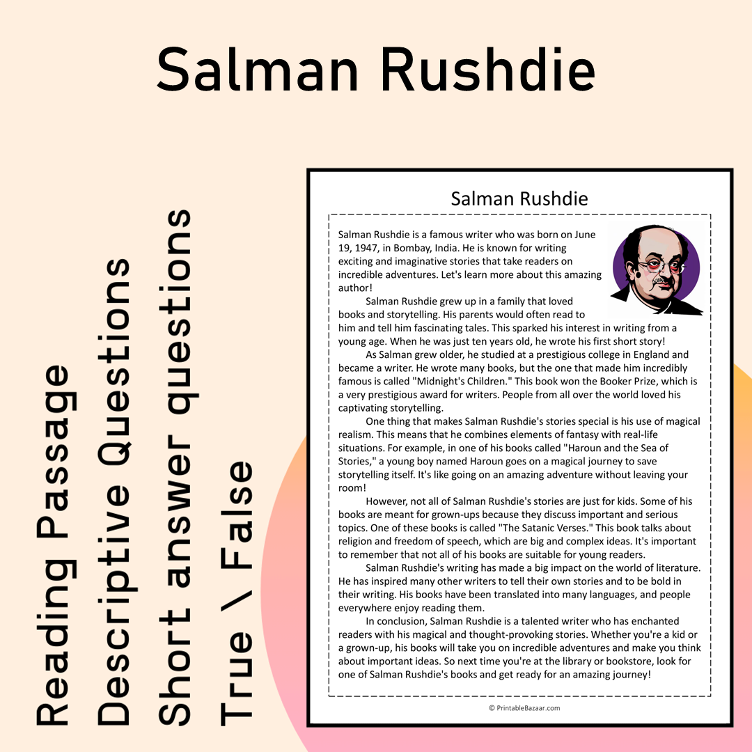 Salman Rushdie | Reading Comprehension Passage Printable Activity