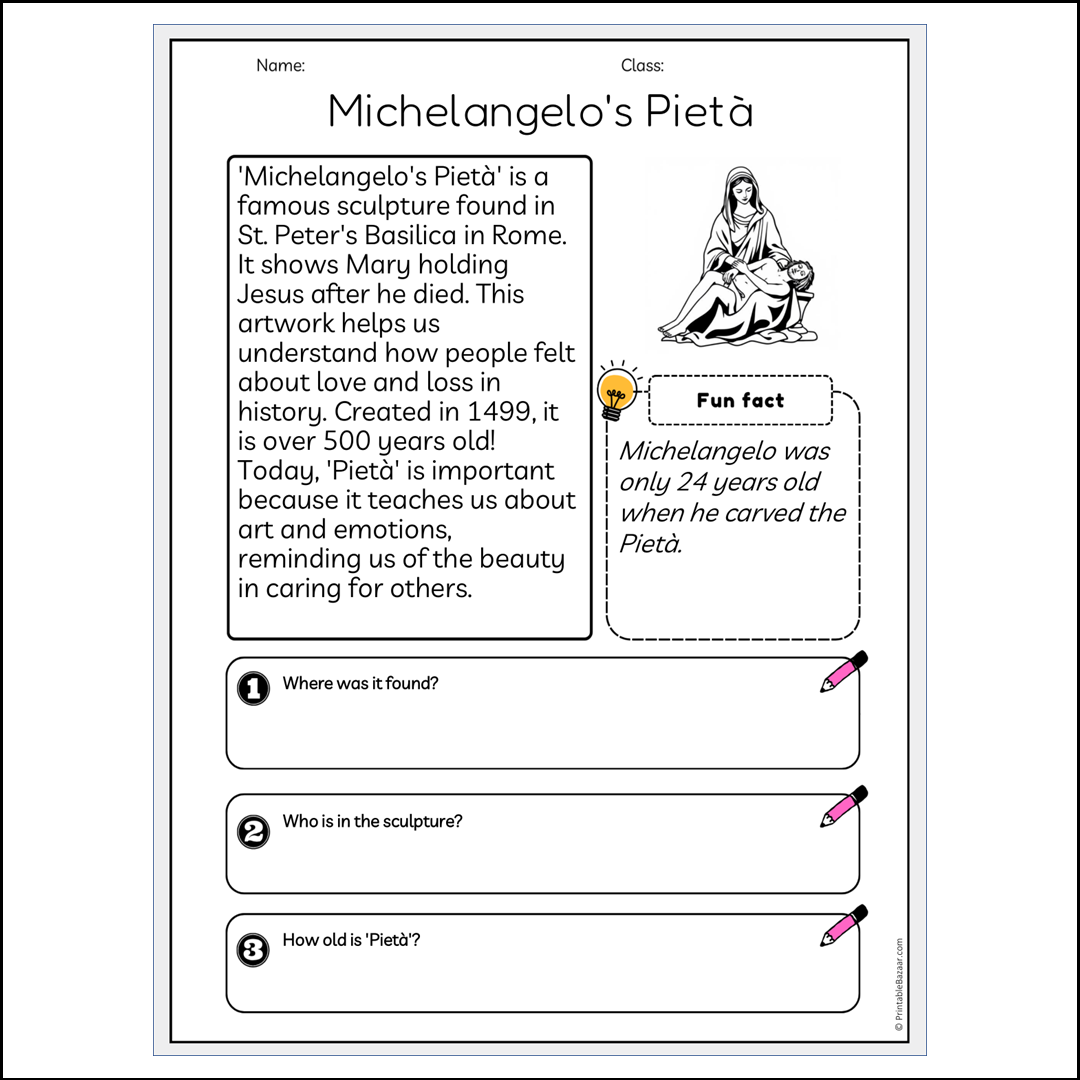 Michelangelo's Pietà | Reading Passage Comprehension Questions Writing Facts Worksheet